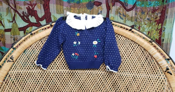 80s Flower Embroidered Girls Sweater, 2T - image 1