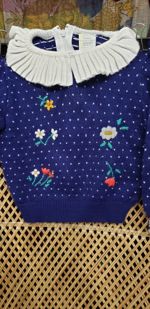 80s Flower Embroidered Girls Sweater, 2T - image 3