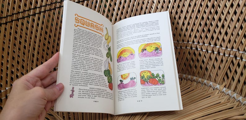 May include: Open book with the title "SQUASH" in orange letters. The pages feature text and colorful illustrations of squash plants and their growth stages. The book is held open by a hand, with a woven background.