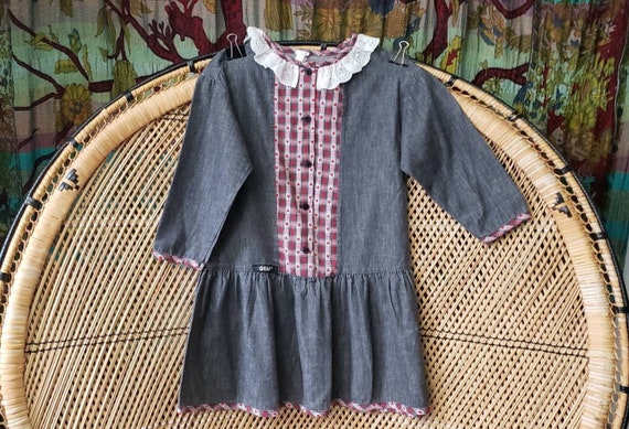 90s Gray Denim Heart Checkered Dress By Gear, Gir… - image 1