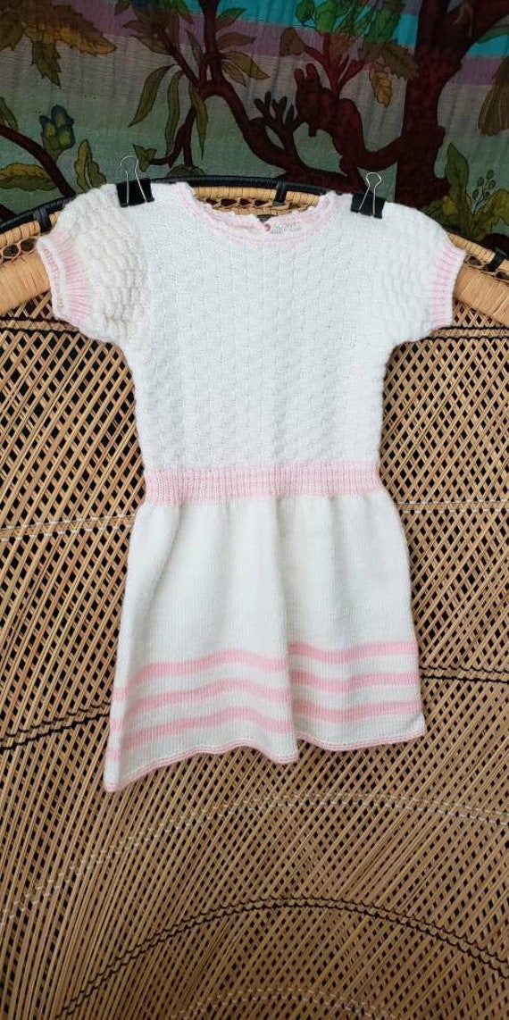 50s Girls Knit Dress 2T, Vintage Cream & Pink Kni… - image 4