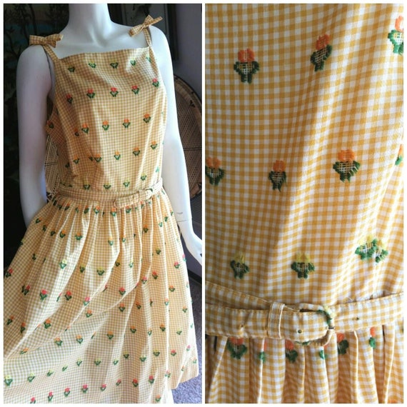 50's Gingham Flower Dress with Belt, Chenille Yell