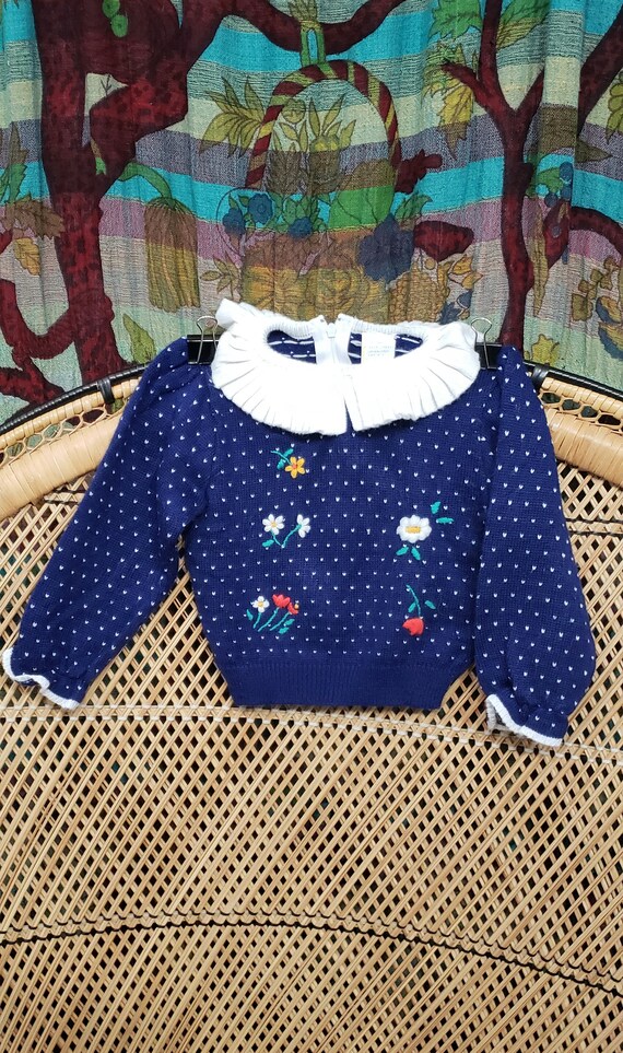80s Flower Embroidered Girls Sweater, 2T - image 2