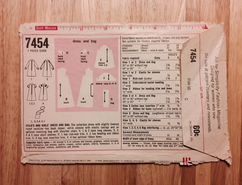 Simplicity 7454 purse sewing pattern vintage supply 1967 Girl\u2019s dress child size 10 puff sleeve round neck shoulder bag