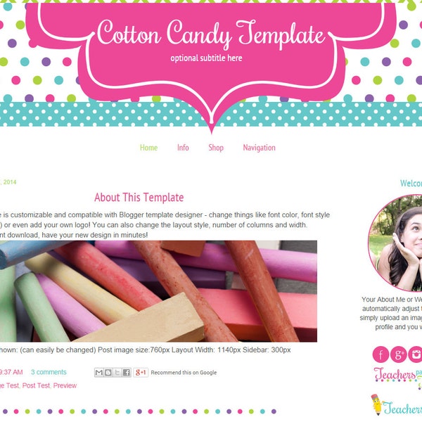 Premade Teacher Blogger Template - Blog Template for Teachers - Craft Blog Template - Cotton Candy