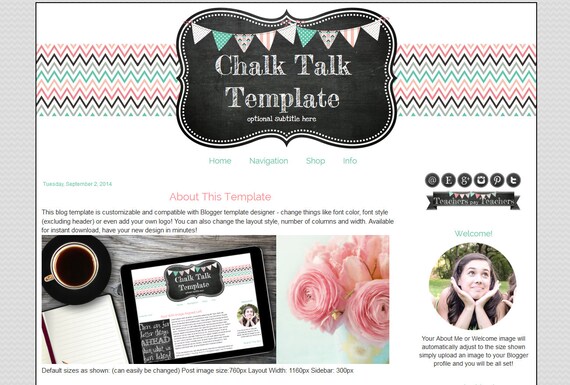 premade blogger template for teachers chalkboard blog design etsy
