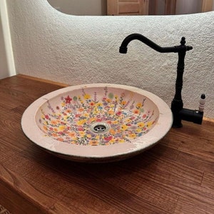 Colorful Floral Ceramic Sink – Round Countertop Basin – Handmade Bathroom Decor – 13×49 cm