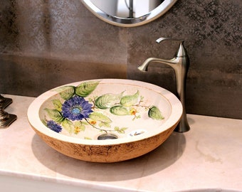 Lavabo rond floral fait main en céramique - Argile chamotte - Lavabo unique - 13 × 49 cm