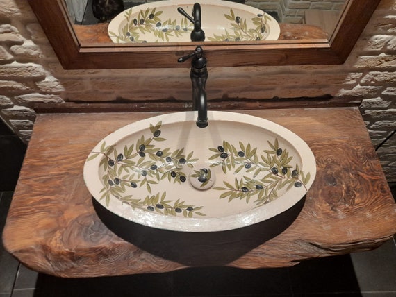 Oval Handmade Ceramic Sink – Olive Pattern – Green, Black & Cream – Chamotte Clay – 66×39×12 cm