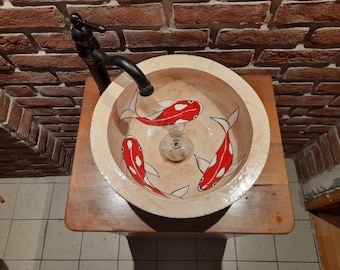Lavabos en céramique à poser poisson koi peint à la main - Centres de salle de bain artistiques et uniques - 16 x 40 cm