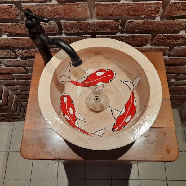 Fregadero de cerámica hecho a mano, esculpido a mano, pintado a mano, lavabo de baño sobre tocador, lavabo, fregadero de recipiente de cerámica