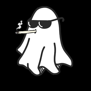 May include: A white ghost wearing sunglasses and smoking a cigarette. The ghost is drawn in a cartoon style.