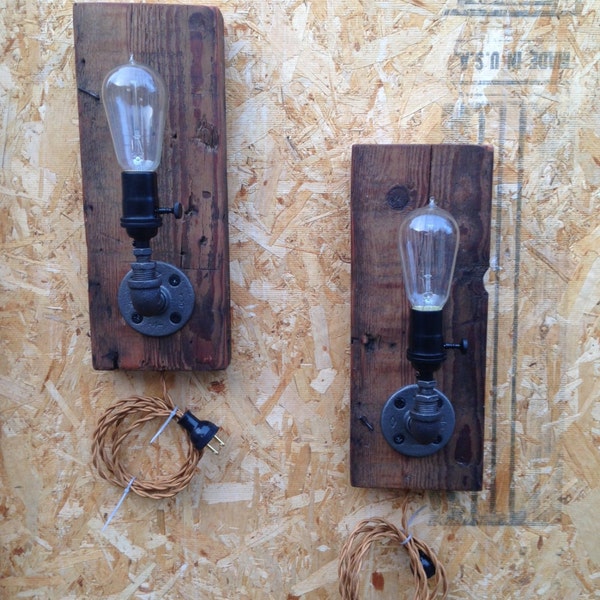 Sconce Set, Industrial Light, Edison Bulb, Upcycled Wood, Accent Light, Vintage Light, Reclaimed Wood Lamp