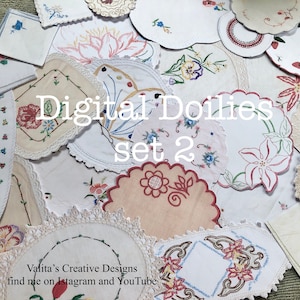 May include: A collection of vintage-style embroidered doilies in various designs, including floral, butterfly, and geometric patterns. The doilies are white with colorful embroidery and are arranged on a textured green surface. The text "Digital Doilies set 2" is displayed in the center of the image.