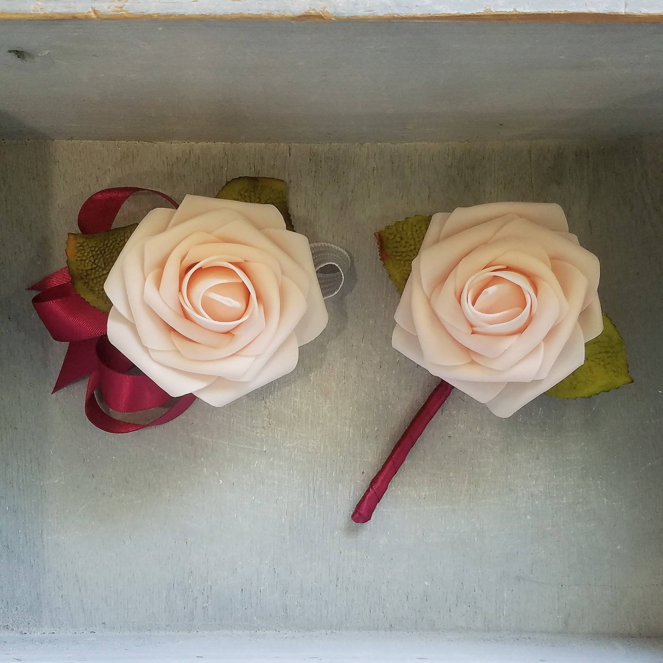 Blush rose and dark magenta corsage set magenta