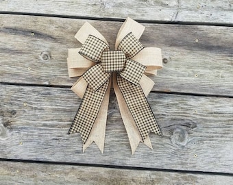 12 inch taupe plaid wreath bow, plaid ribbon bow, burlap bow, 12 inch burlap bow with ribbon, big burlap bow, taupe burlap wreath bow