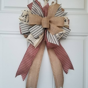 12 inch farmhouse wreath bow with red gingham check, farmhouse ribbon on cream, black ticking stripe farmhouse bow, large farmhouse bow