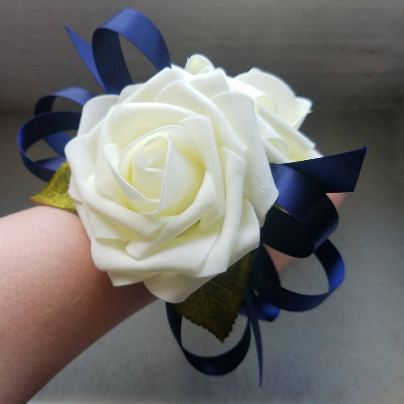 Double Ivory Rose And Navy Ribbon Corsage Wedding Corsage Etsy