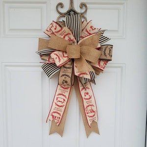 12 inch farmhouse wreath bow with red farmhouse ribbon on cream, black  stripe farmhouse bow, large farmhouse bow with burlap, burlap bow