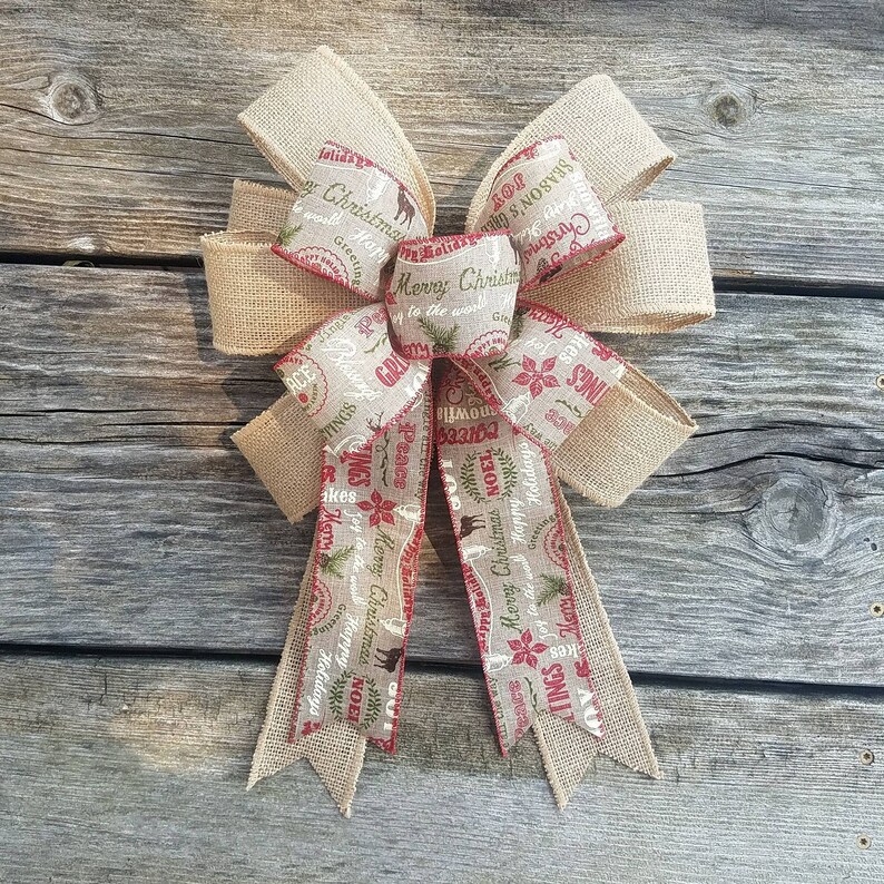 Two ribbon big burlap Christmas wreath bow 12 inch Christmas | Etsy