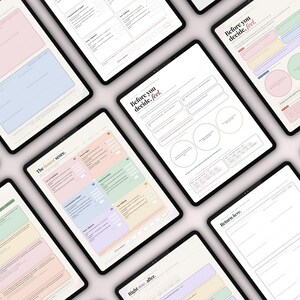 May include: A collection of tablets displaying digital worksheets with pastel color blocks and text. The text includes phrases like "Before you decide, feel" and "The honest score." The tablets are arranged at various angles, showcasing the digital documents.