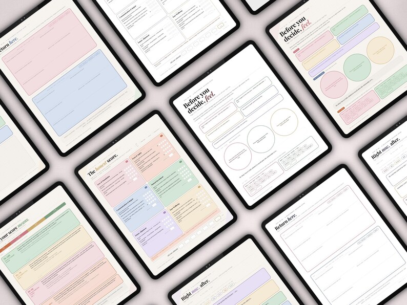 May include: A collection of tablets displaying digital worksheets with pastel color blocks and text. The text includes phrases like "Before you decide, feel" and "The honest score." The tablets are arranged at various angles, showcasing the digital documents.