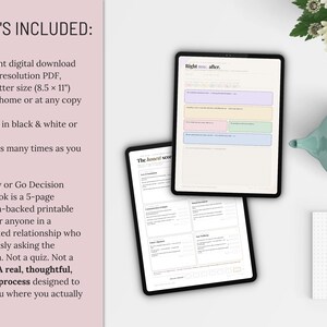 May include: Two black tablets displaying workbook pages, one with the title "Right after." and the other "The honest secret." A white notebook, a teal teapot, and flowers are also present. The workbook is a digital download.