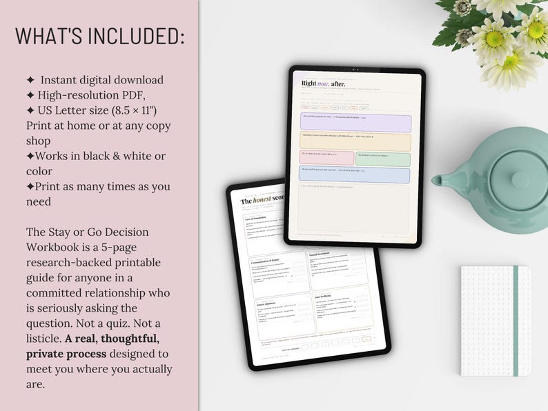 May include: Two black tablets displaying workbook pages, one with the title "Right after." and the other "The honest secret." A white notebook, a teal teapot, and flowers are also present. The workbook is a digital download.
