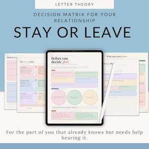 May include: A digital decision matrix titled "STAY OR LEAVE" on a tablet, with supporting documents. The text includes "LETTER THEORY" and "DECISION MATRIX FOR YOUR RELATIONSHIP." The image has a light blue and white background, with the text "Before you decide, feel."