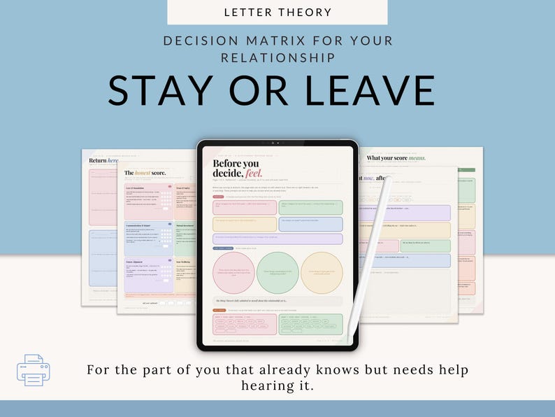 May include: A digital decision matrix titled "STAY OR LEAVE" on a tablet, with supporting documents. The text includes "LETTER THEORY" and "DECISION MATRIX FOR YOUR RELATIONSHIP." The image has a light blue and white background, with the text "Before you decide, feel."