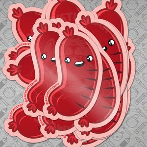 May include: A stack of red sausage stickers with a cute cartoon face and the text "@iamchristiebear" on each sticker.