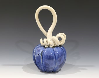 Crystalline Cobalt Blue with Icy Highlights Ceramic Pumpkin with White Felt-like Stem #8179
