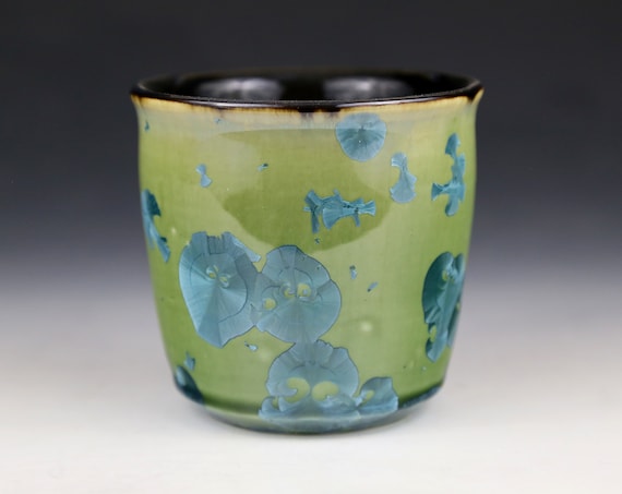 Crystalline Prussian Peacock Blue on Apple Green with Black Cup #7645