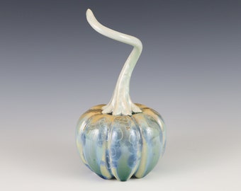 Crystalline Blue on Tan to Teal Fade Ceramic Pumpkin with Mint Green Crystalline Stem #8264