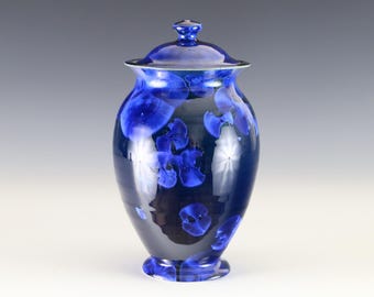DISCOUNTED - Crystalline Blue on Midnight Blue Lidded Jar Vase #8337