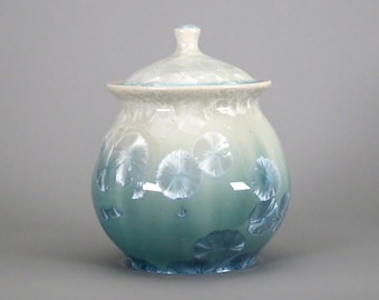 Crystalline White Mint to Turquoise Blend Lidded Moon Jar / Urn #8630