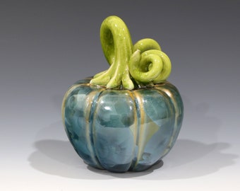 Crystalline Prussian Peacock Blue on Apple Green Ceramic Pumpkin with Chartreuse Stem #8173