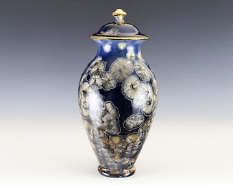 Crystalline Gold on Blue Black fade "Moonlight Glaze" with Gold Luster Lidded Jar Vase #8327