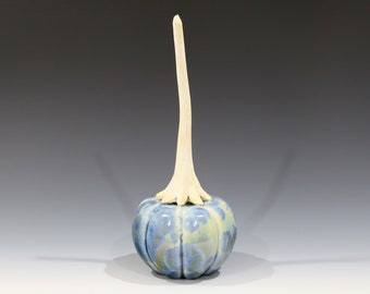 Crystalline Blue on Teal Ceramic Pumpkin with White Felt-like Stem #8167