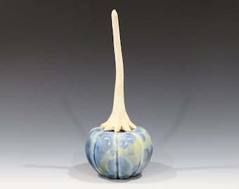 Crystalline Blue on Teal Ceramic Pumpkin with White Felt-like Stem #8167