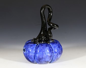 Crystalline Cobalt Blue on Blue Ceramic Pumpkin with Black Stem #8099