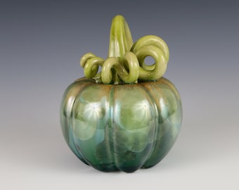 Crystalline Yellow Green to Emerald Green Ceramic Pumpkin with Chartreuse Stem #8256