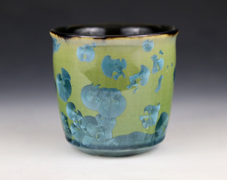 Crystalline Prussian Peacock Blue on Apple Green with Black Cup #7645