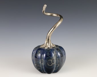 Crystalline Blue/Silver on Blue/Black Ceramic Pumpkin with Silver Leaf Stem #8284
