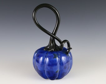 Crystalline Cobalt Blue Ceramic Pumpkin with Black Stem #8272