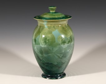 Crystalline Yellow Green To Green Lidded Jar Vase #8193