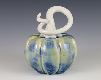 Crystalline Blue on Teal Ceramic Pumpkin with White Stem #8260