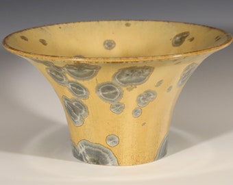 Crystalline Ice Blue on Yellow Tan Fluted Bowl #8220