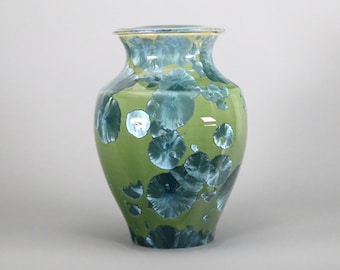 Crystalline Turquoise on Apple Green Lidded Jar / Urn #8641