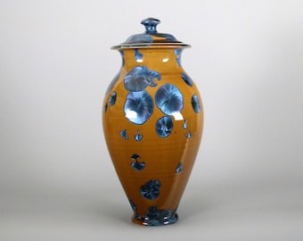 Crystalline Blue On Orange Lidded Jar / Urn #8647